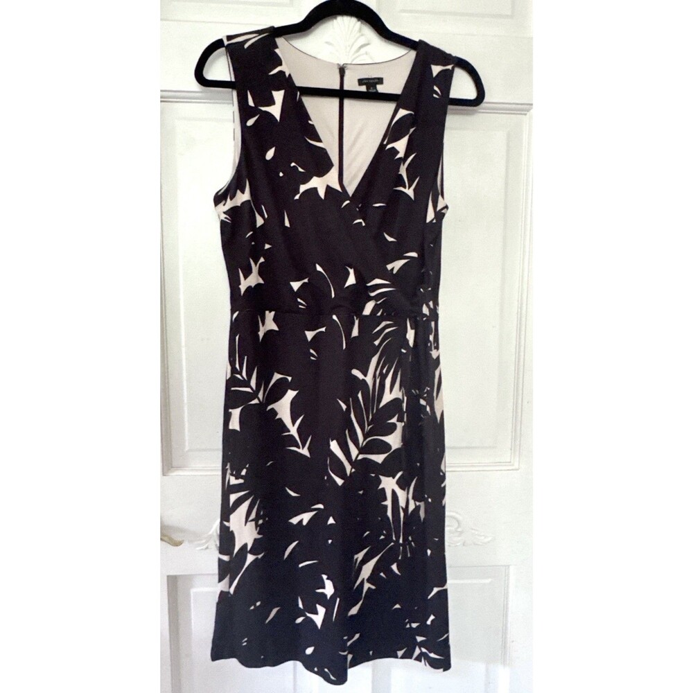 Ann Taylor Dress M Black Beige Floral Midi Sleeveless Faux Wrap Career Lined